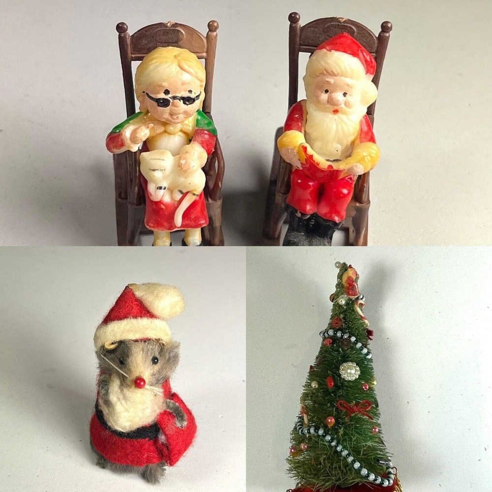 4 Vintage Dollhouse Miniatures Santa Mouse Mrs Claus Jewelled Christmas Tree